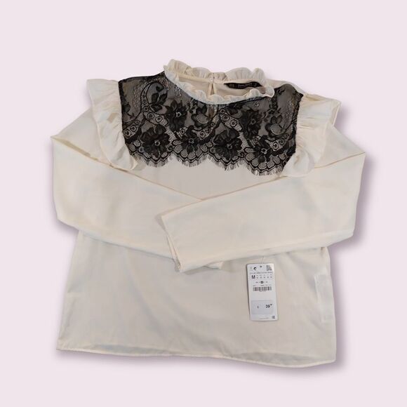𝅺*nwt* Zara Contrast Blouse lace ruffle sleeve - Picture 2 of 10